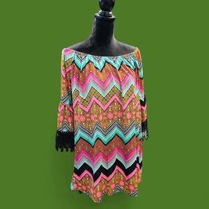 Hippie Gypsy Win Win Off Shoulder Boho Chevron Tunic Lace Bell Sleeves XL EUC